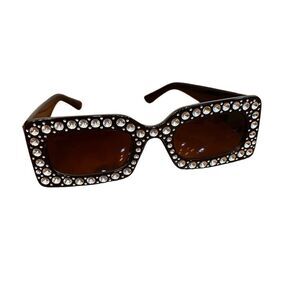 GUCCI black rectangle Diamond Cut Embellished Interlocking Gold G Sunglasses Vtg